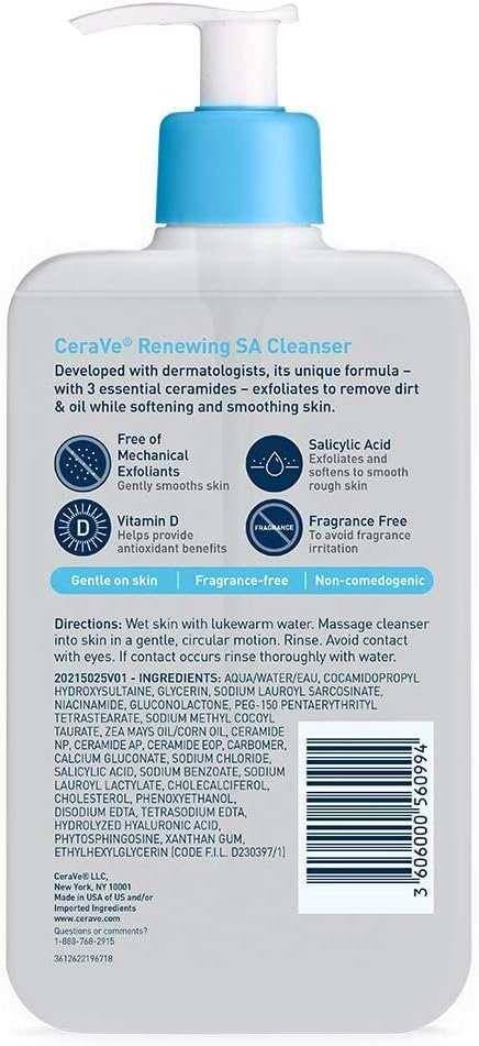 CeraVe Salicylic Acid Cleanser 16 oz Renewing Exfoliating Face Wash with Vitamin D & Hyaluronic Acid Fragrance-Free, Non-Comedogenic, Gentle for Normal to Oily Skin (10)