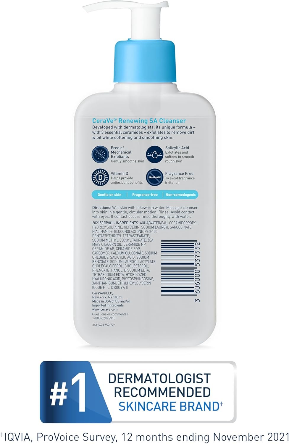 CeraVe Salicylic Acid Cleanser 16 oz Renewing Exfoliating Face Wash with Vitamin D & Hyaluronic Acid Fragrance-Free, Non-Comedogenic, Gentle for Normal to Oily Skin (7)
