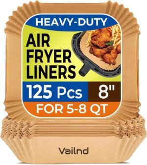 Air Fryer Paper Liners 125pcs, 8in Square, Nonstick & Disposable