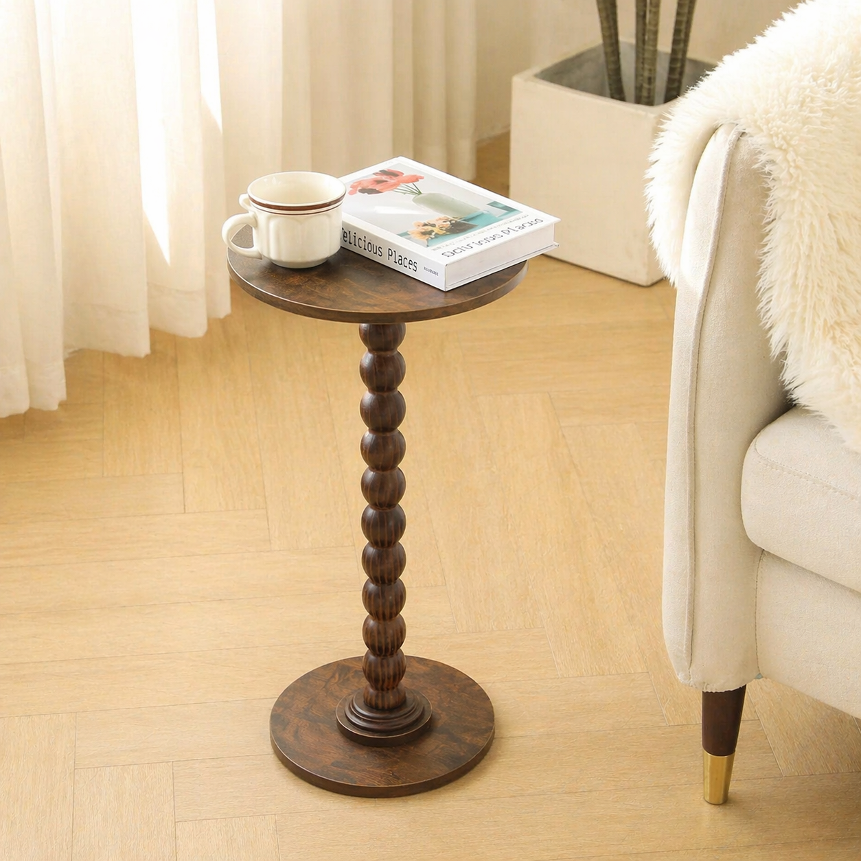 Drink Table for Small Spaces – Round Side Table, Rustic Brown End Table (1)